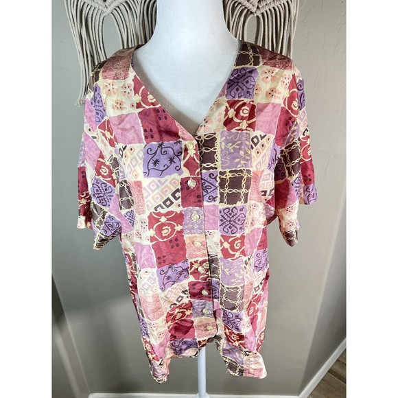 VTG 100% Silk Blouse Cottage Core Short Sleeve Beige Mauve Wine Womens Large - Picture 1 of 12